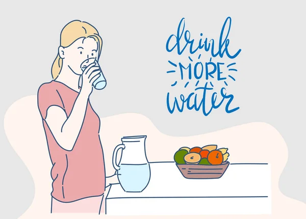年轻妇女用杯子喝水 多喝水 生活方式和保健概念 手绘细线风格 矢量插图 — 图库矢量图片