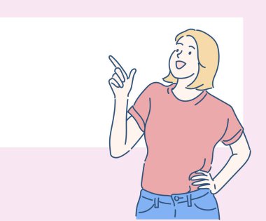 Parmakla işaret eden sevimli genç bir kadın. İnce çizgi şeklinde çizilmiş el, vektör çizimleri. 