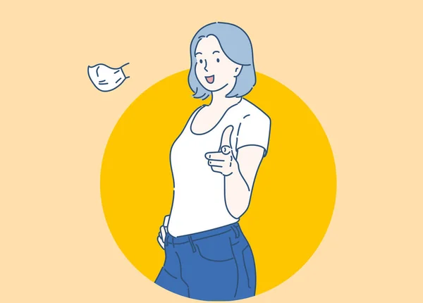 Mujer Sonriente Señalándote Con Dedo Mano Dibujada Estilo Línea Delgada — Vector de stock