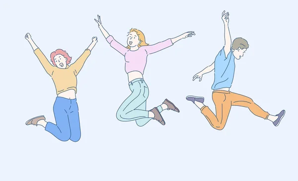 快乐的年轻人跳 快乐的人们庆祝成功 手绘细线风格 矢量插图 — 图库矢量图片