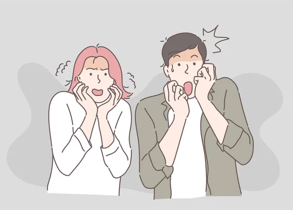 Erkekler ve kadınlar bir şeyden korkar ve çok şaşırırlar. İnce çizgi şeklinde çizilmiş el, vektör çizimleri.