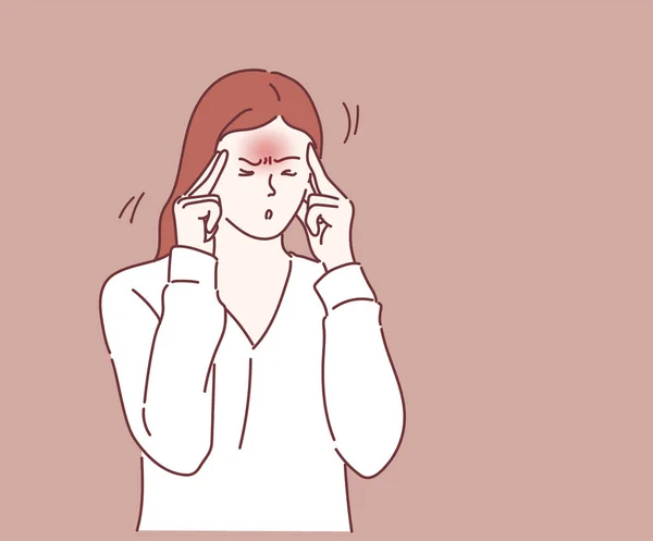 Baş ağrısından muzdarip genç kadınlar. İnce çizgi şeklinde çizilmiş el, vektör çizimleri.