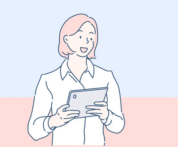 Joven Mujer Negocios Sonriente Oficina Trabajando Tableta Digital Mano Dibujada — Vector de stock