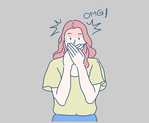 Kadınlar bir şeyden korkar ve çok şaşırırlar. İnce çizgi şeklinde çizilmiş el, vektör çizimleri.