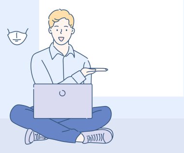 Yerde otururken dizüstü bilgisayarda çalışan neşeli adam. Evde çalışan serbest çalışan biri. İnce çizgi şeklinde çizilmiş el, vektör çizimleri.