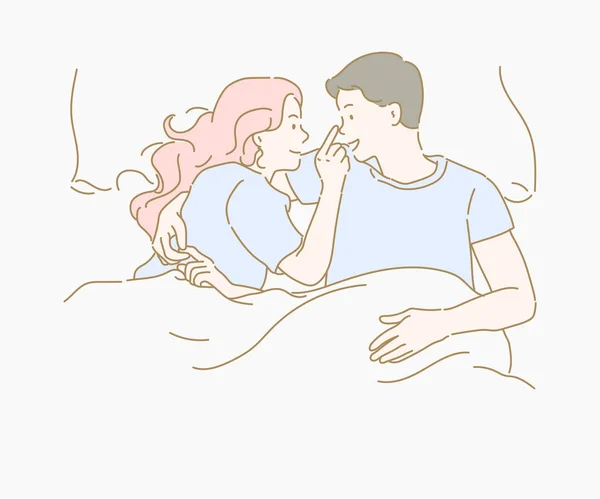 Молода Щаслива Пара Лежить Разом Ліжку Рука Намальована Стилі Тонкої — стоковий вектор