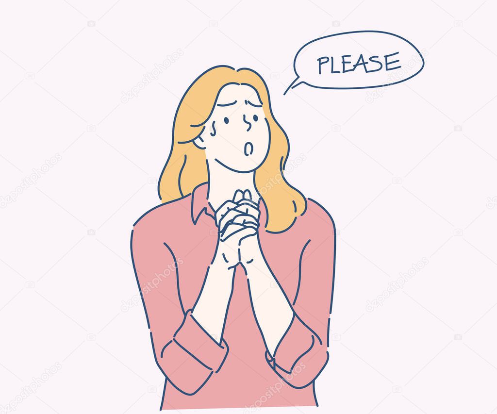 Woman holding hands in prayer and asking for help with pleading imploring expression. Hand drawn in thin line style, vector illustrations.