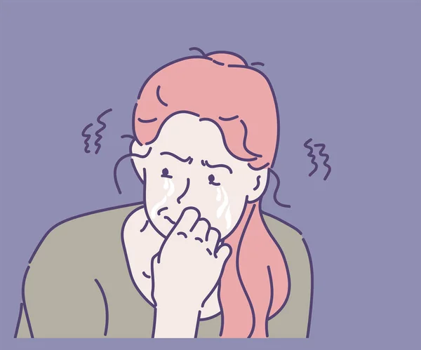 Mujer Joven Triste Llorando Mano Dibujada Estilo Línea Delgada Ilustraciones — Vector de stock