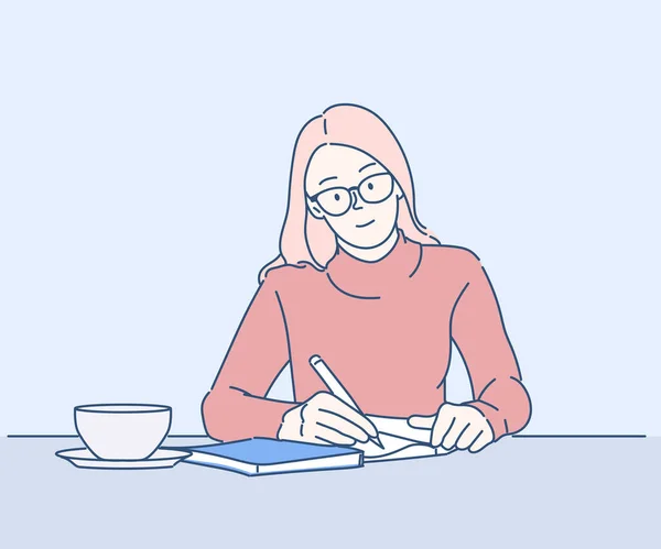 Kafeteryada gazetecilik yaparak eğlenen neşeli bir kız. İnce çizgi şeklinde çizilmiş el, vektör çizimleri. 