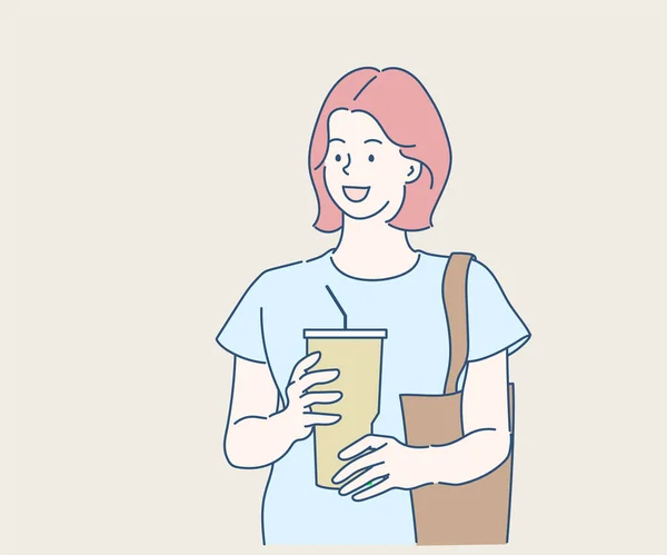 Elinde yeniden kullanılabilir kahve bardağı tutan genç bir kadın. İnce çizgi şeklinde çizilmiş el, vektör çizimleri.