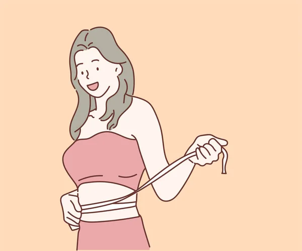 Belini ölçen güzel bir kadın. Sağlık ve sağlık kavramı. İnce çizgi şeklinde çizilmiş el, vektör çizimleri.