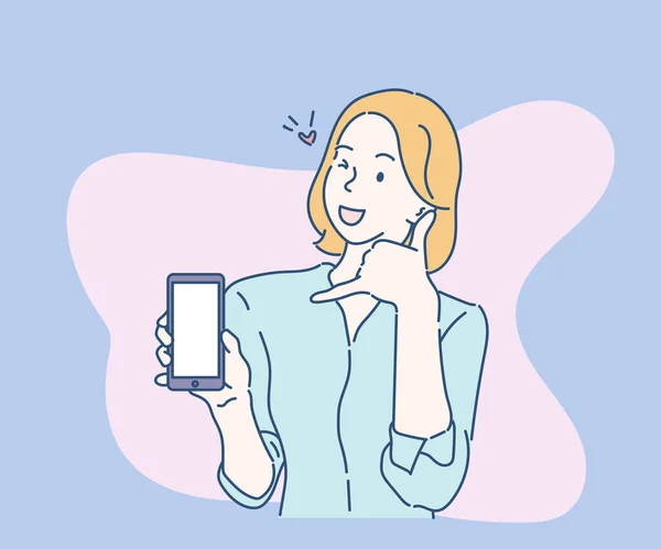 Позвони Девушка Держит Мобильный Телефон Показывает Знак Руки Жеста Ручная — стоковый вектор
