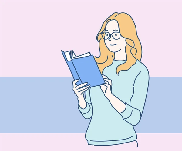 Jeune Femme Heureuse Lisant Livre Souriant Dessiné Main Dans Style — Image vectorielle