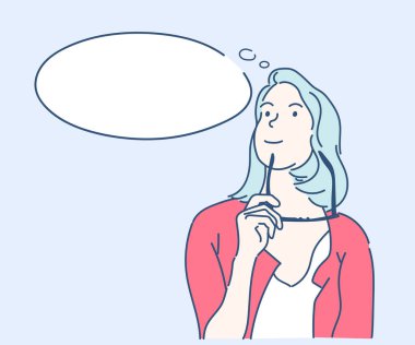 Güzel genç bir kadın düşünüyor ve planlıyor. İş görüşü kavramı. İnce çizgi şeklinde çizilmiş el, vektör çizimleri.