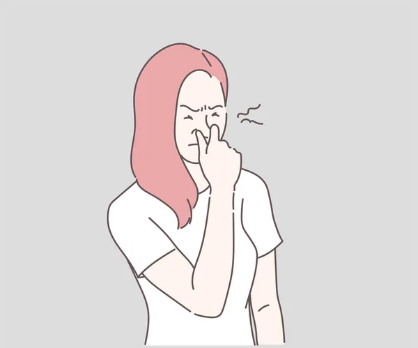 Yüzünde iğrenme olan genç bir kadın burnunu sıkıyor, bir şeyler kokuyor, çok kötü kokuyor. İnce çizgi şeklinde çizilmiş el, vektör çizimleri.
