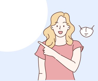 Gülümseyen kadın fotokopi alanını işaret ediyor, senin için öneri konsepti. İnce çizgi şeklinde çizilmiş el, vektör çizimi. (Maske çıkarılabilir.)