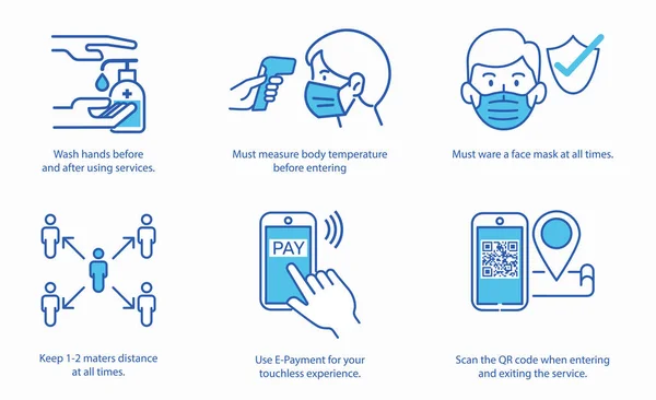 Basit koronavirüs güvenlik vektör çizgisi simgeleri. Maske, silah termometresini, el dezenfektanını kontrol et. Vektör illüstrasyonları.