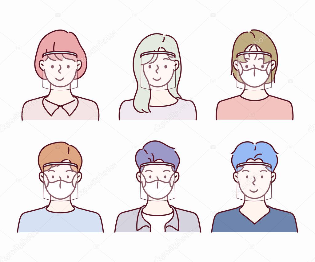 Men and women are wearing face shield. Infection control concept. Hand drawn in thin line style, vector illustration. (face shield can be removable)