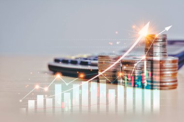 Finansal piyasa ticaret grafiği, Arrow sembolü para yığını üzerindeki talep hattı, sanal ekranda gösterilen bir grafik olarak düzenlendi. Finansal işletme ve ekonomik döviz kuru kavramı büyüyor