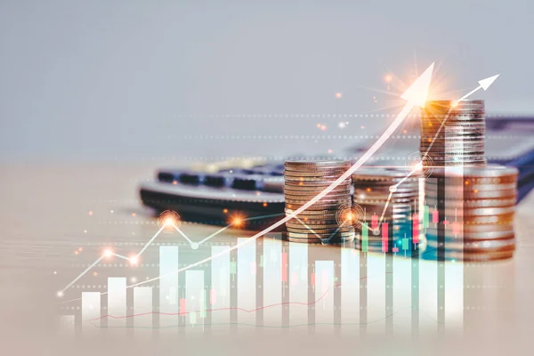 Finansal piyasa ticaret grafiği, Arrow sembolü para yığını üzerindeki talep hattı, sanal ekranda gösterilen bir grafik olarak düzenlendi. Finansal işletme ve ekonomik döviz kuru kavramı büyüyor