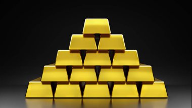 1.000 gram ağırlığındaki saf altın siyah bir zemin üzerine serilmiş. Borsada altın ticaretinin finansal ve ekonomik başarısı kavramı.