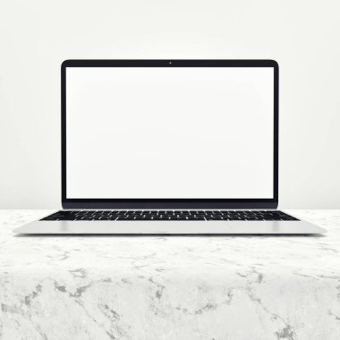 Çalışma masası ve Mockup paketi beyaz ekran dizüstü bilgisayarı ile beyaz arkaplandaki boşluğu kopyalamak ve 3d illüstrasyonlu temiz beyaz mermer desen üzerine