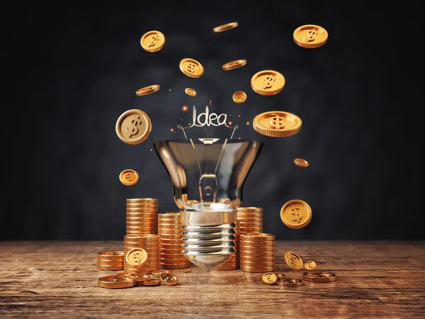 Money making ideas in business to achieve success with light bulb or ideas and money coins stack on wooden floor, vintage and dark tones, 3d illustrations