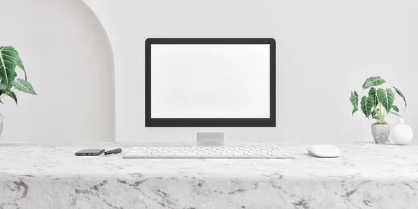 Çalışma masası ve Product Mockup Beyaz Ekran Şablon tasarımınız için ve beyaz arkaplan üzerinde kopyalama alanı ve küçük bitkiler Banner boyutu 3d illüstrasyon ile dekorasyon