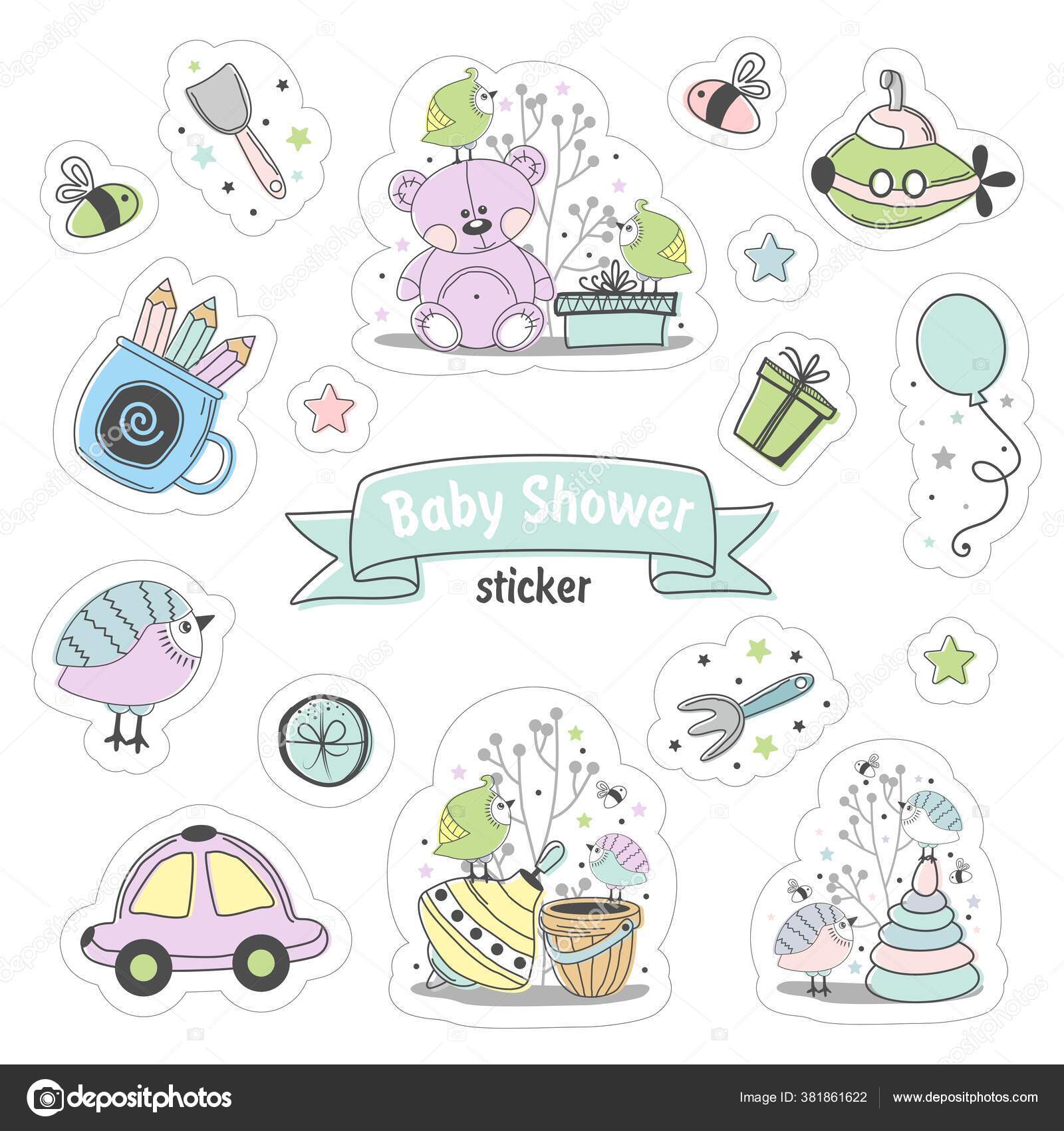 Set Baby Shower Stickers Isolated White Background Drawn Hand Vector Image By Tasha40 Vector Stock 381861622