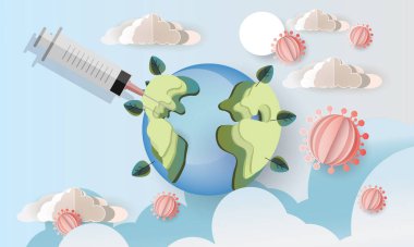 Kağıt oyma sanatı dünyayı koronavirüs vektör illüstrasyon kavramından kurtarır. Derialtı şırıngası mavi gökyüzü arka planı ve tıbbi izole afiş grafiği ile yaratıcı..