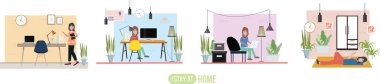 İç İşleri Bakanlığı modern düz vektör konsepti dijital illüstrasyon ev ofis metaforu, ev Coronavirus yaşam tarzında çalışan serbest çalışan insanlar