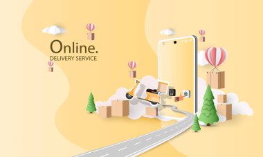 Çevrimiçi dağıtım servisi ev ofis deposu, cep telefonunda çizgi film resimleri. Vektör illüstrasyonu. İnternetten alışveriş