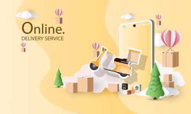 Çevrimiçi dağıtım servisi ev ofis deposu, cep telefonunda çizgi film resimleri. Vektör illüstrasyonu. İnternetten alışveriş