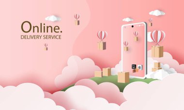 Çevrimiçi dağıtım servisi ev ofis deposu, cep telefonunda çizgi film resimleri. Vektör illüstrasyonu. İnternetten alışveriş