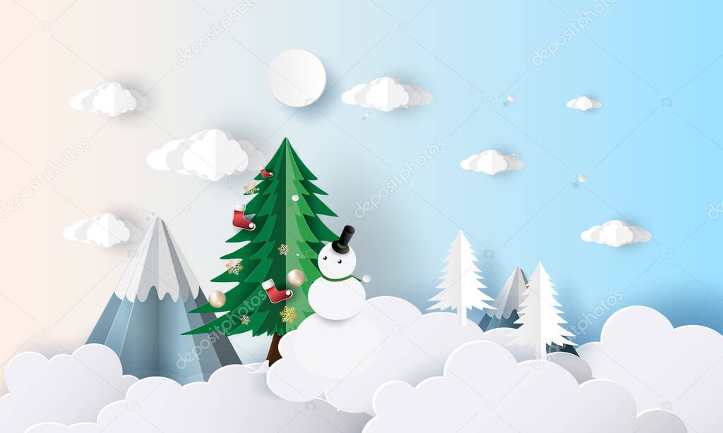 paper cut art christmas day festival blue sky backgroud  snow poster greeting card vector illustation winter season package.