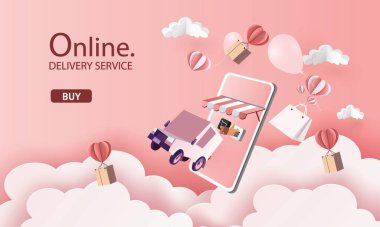 akıllı telefon alımında kağıt sanatı çevrimiçi alışveriş mobil teknoloji pazarlama vektör illüstrasyonunda satılıyor.