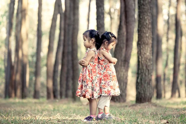 Две Азиатские Маленькие Девочки Обнимают Свою Грудь Поворачиваются Друг Другу — стоковое фото