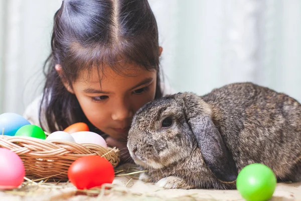 Lindo Asiático Niño Chica Jugando Con Lindo Holanda Lop Conejo —  Fotos de Stock