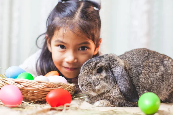 Lindo Asiático Niño Chica Jugando Con Lindo Holanda Lop Conejo —  Fotos de Stock