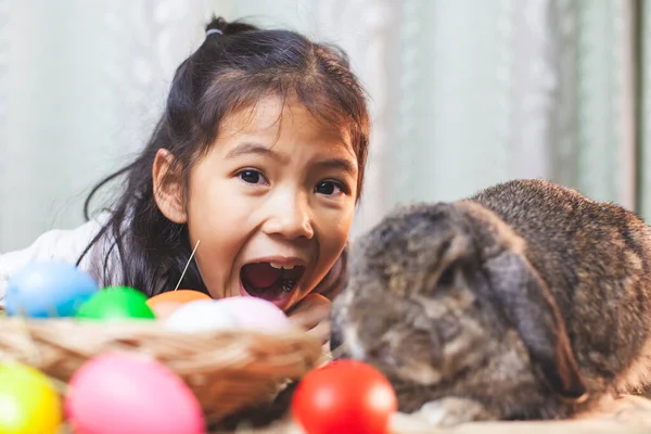 Bonito Ásia Criança Menina Jogar Com Bonito Holandês Lop Coelho — Fotografia de Stock