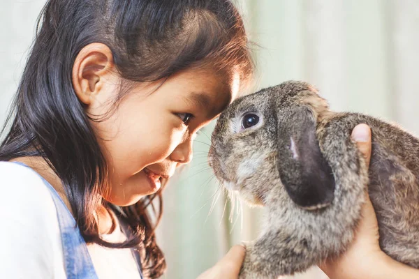 Mignon Asiatique Enfant Fille Jouer Avec Mignon Hollandais Lop Lapin — Photo