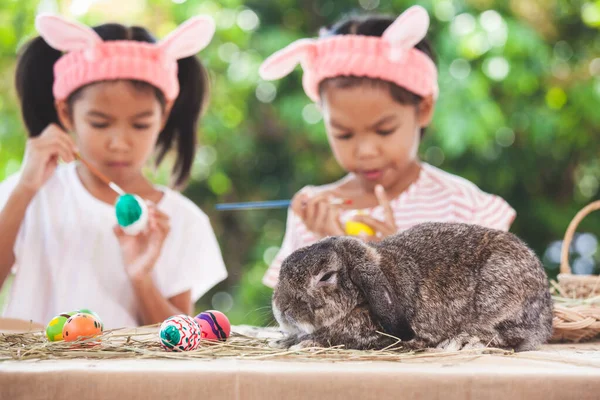 Lindo Holanda Lop Conejo Sentado Mesa Con Dos Asiático Niño —  Fotos de Stock