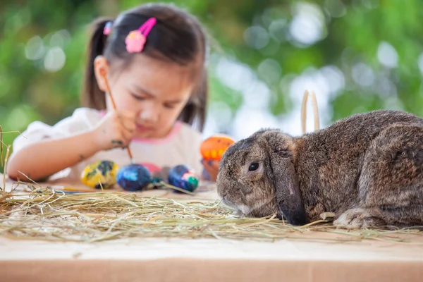 Lindo Holanda Lop Conejo Sentado Mesa Con Asiático Niño Niña —  Fotos de Stock