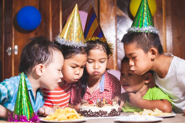 Asian Children Girls Boys Celebrating Birthday Blowing Candles Birthday Cake — Stock Photo, Image