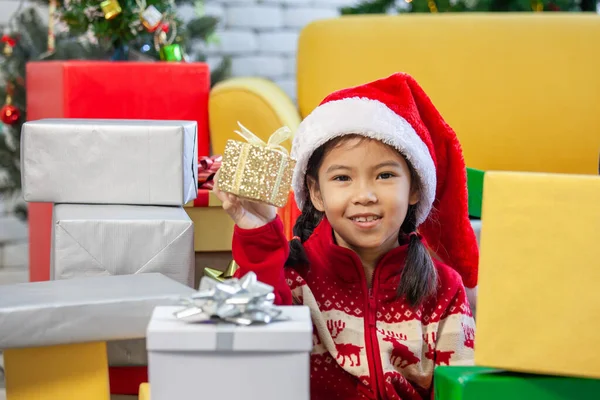 Cute Asian Child Girl Gift Boxes Decorating Celebrate Christmas Festival — Stock Photo, Image