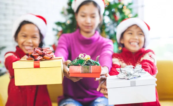 Asian Children Holding Beautiful Gift Boxes Giving Christmas Celebration — Stock Photo, Image