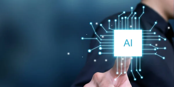 İş adamı yapay zeka sembolüne, iş konseptine, yapay zeka kavramına, teknoloji kavramına dokunuyor 