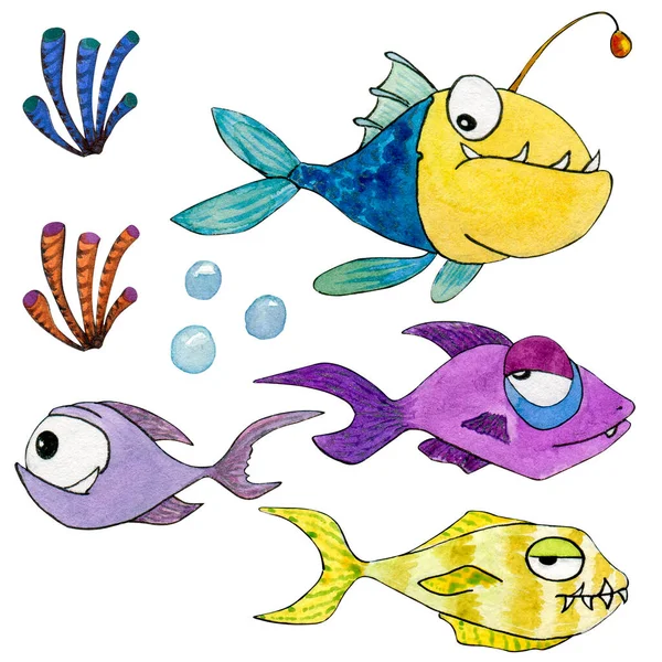 水彩色の魚群海底生物隔離 — ストック写真