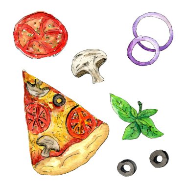 Dilimlenmiş pizza, izole edilmiş, suluboya resim beyaz arka planda.