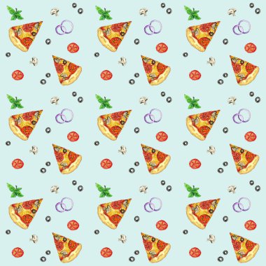 İçindekilerle pizza dilimini kes, beyaz arka planda suluboya boya boya yap.